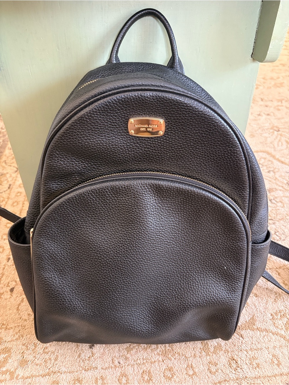 Michael Kors Black Pebbled Leather Small Backpack with Gold Plaque